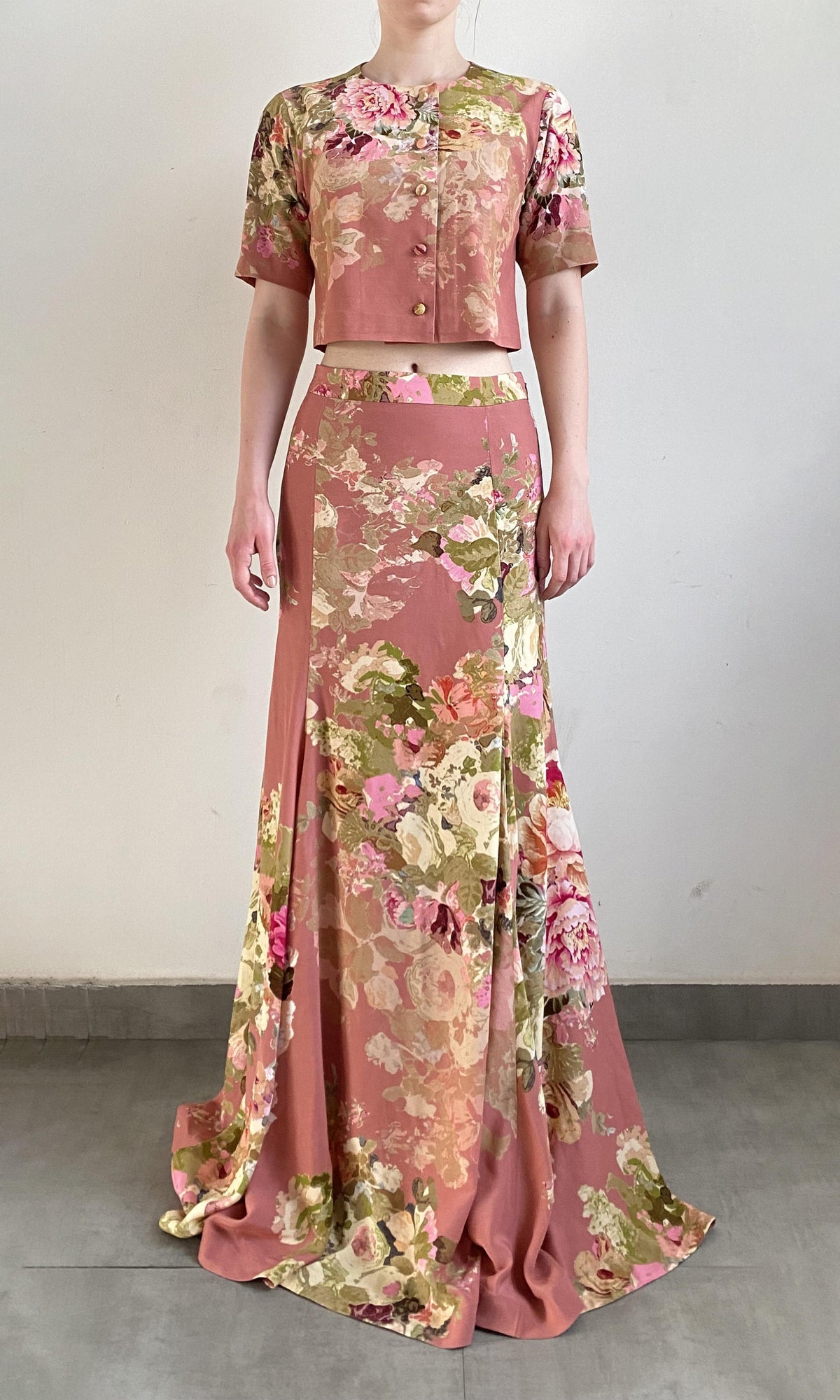 Womens | Sama Viscose Crepe Long Dress | Peach Floral
