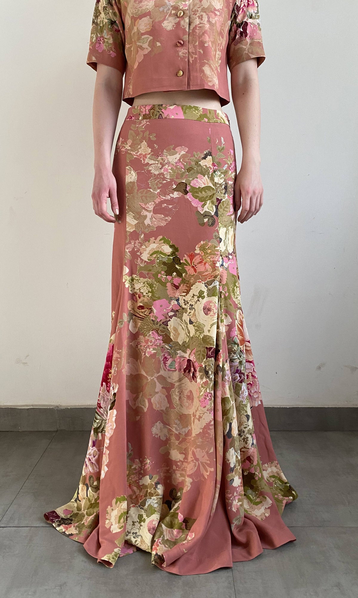 Womens | Sama Viscose Crepe Long Dress | Peach Floral