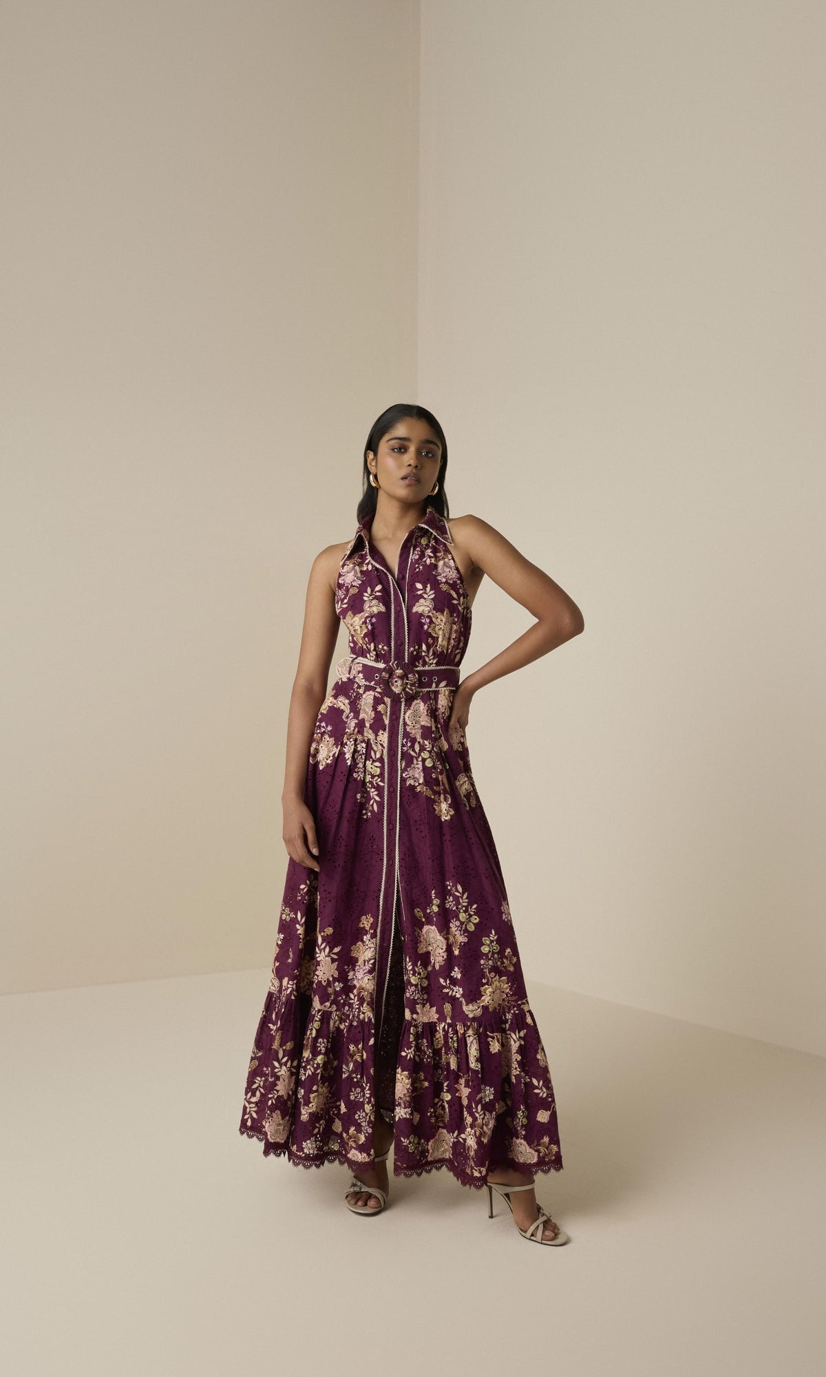 Hemant And Nandita | Savi Cotton Schiffli Long Shirt Dress With Buckle Belt | Burgundy Floral