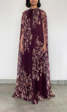 Womens | Savi Polyester Chiffon Pleated Maxi Dress | Burgundy Floral