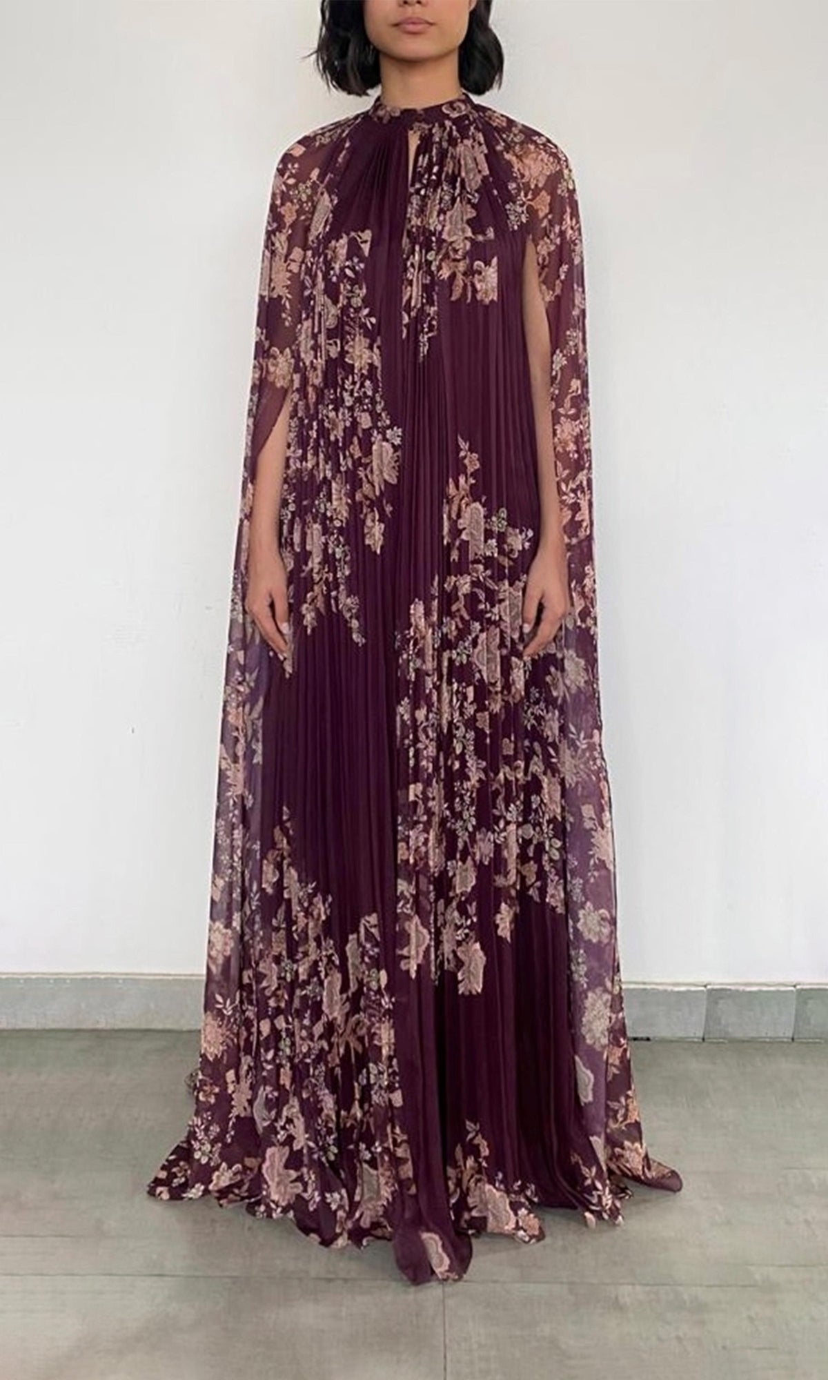 Womens | Savi Polyester Chiffon Pleated Maxi Dress | Burgundy Floral