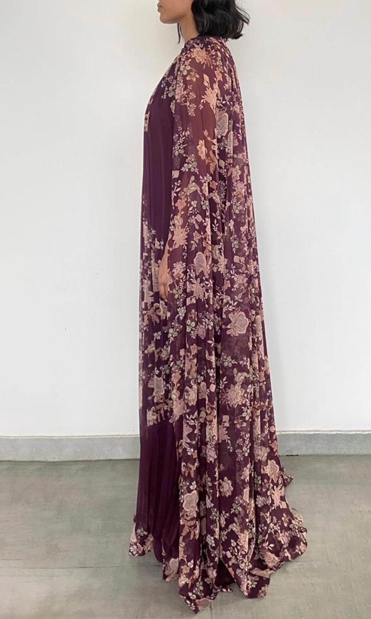 Womens | Savi Polyester Chiffon Pleated Maxi Dress | Burgundy Floral