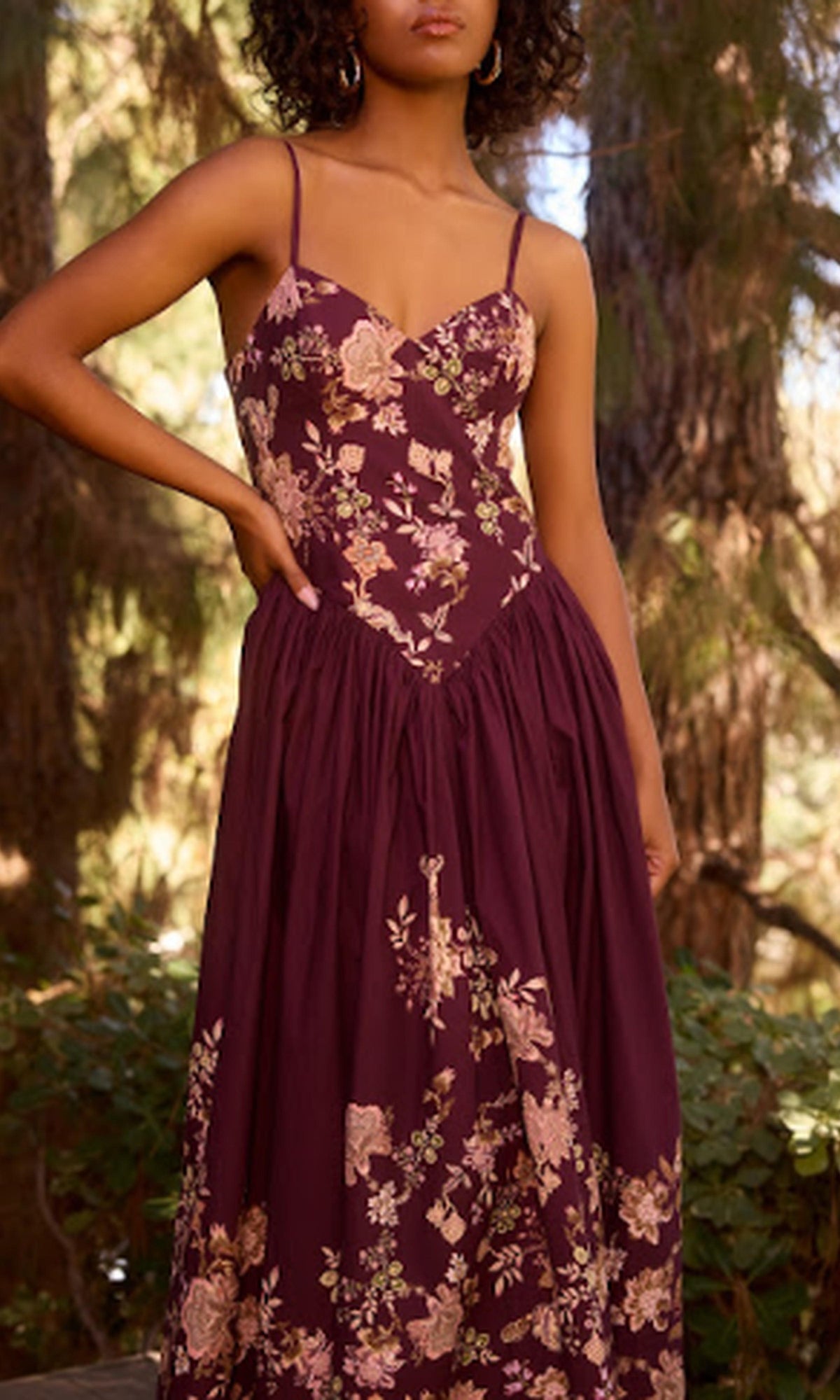 Hemant And Nandita | Savi Cotton Poplin Lycra Maxi Dress | Burgundy Floral