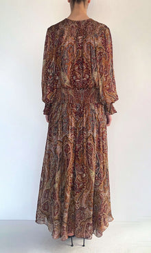 Hemant And Nandita | Shifa Viscose Flat Chiffon Smocked Detail Maxi Dress | Burgundy