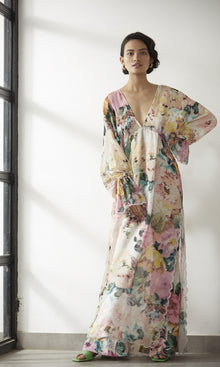 Womens | Teien Viscose Crepe Flower Jacquard Kaftan | Pastel
