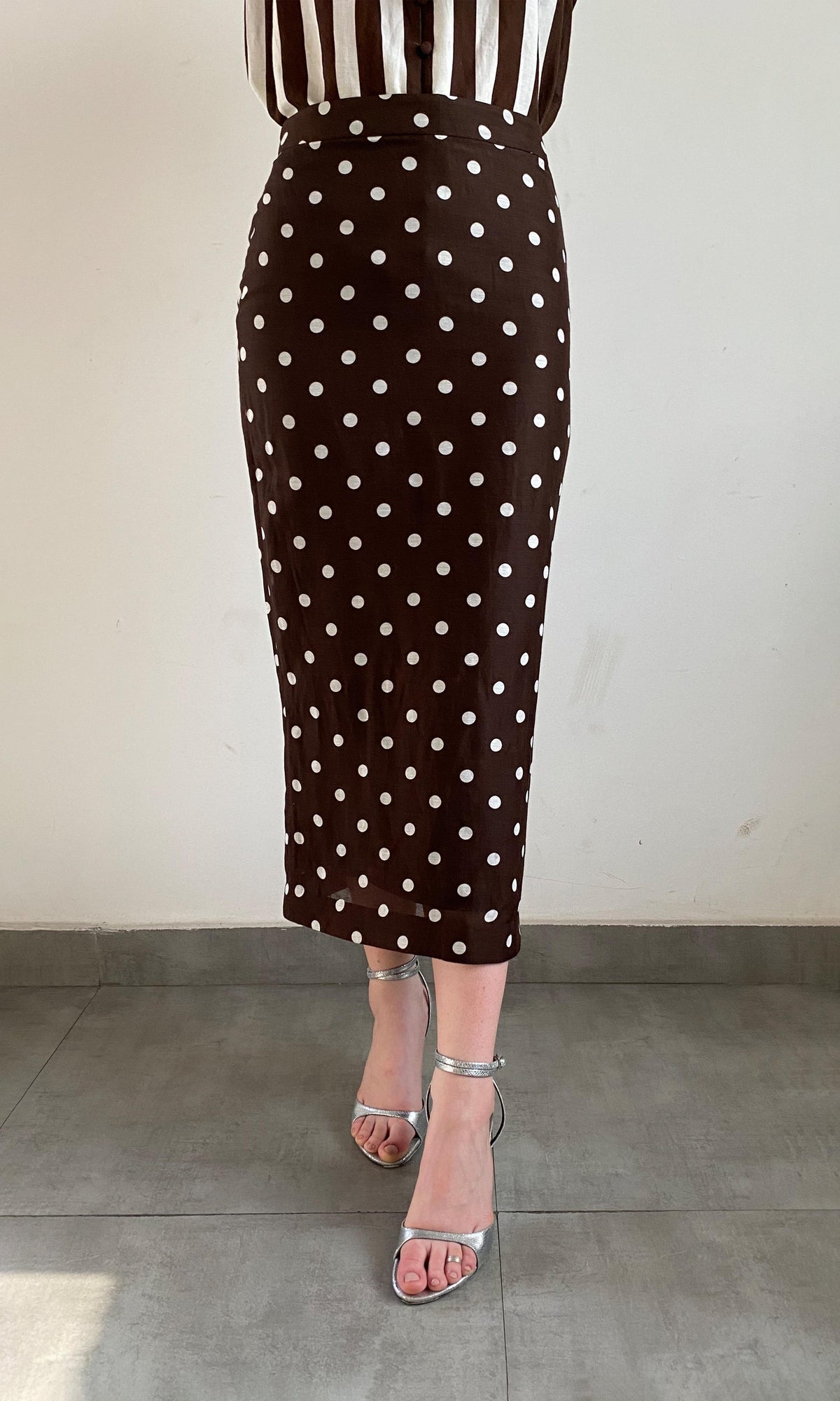 Womens | Tira Linen Cotton Fitted Midi Skirt | Brown White