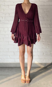 Hemant And Nandita | Tiya Viscose Ggt Jacquard Short Dress With Belt | Burgundy