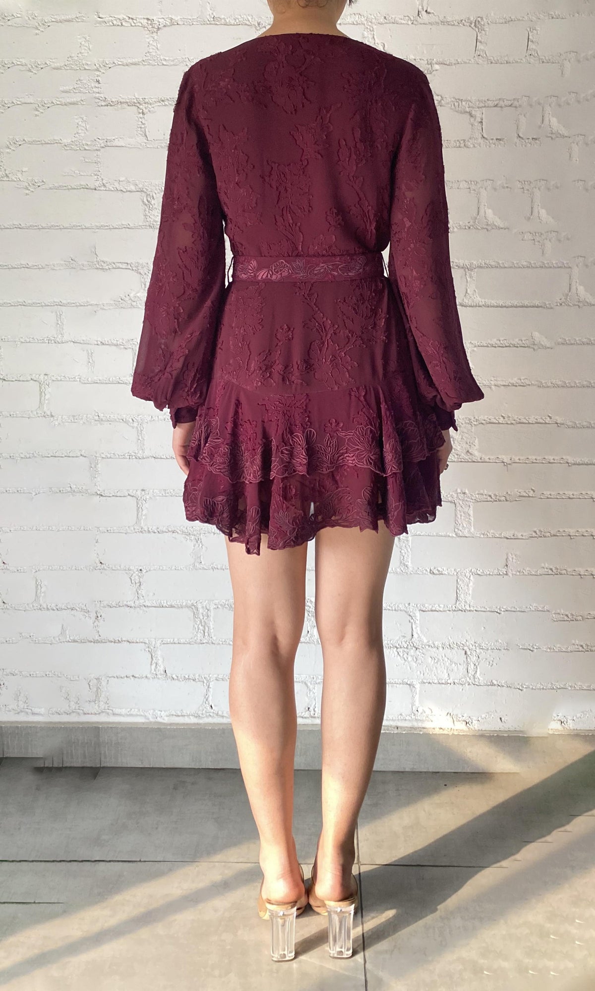 Hemant And Nandita | Tiya Viscose Ggt Jacquard Short Dress With Belt | Burgundy