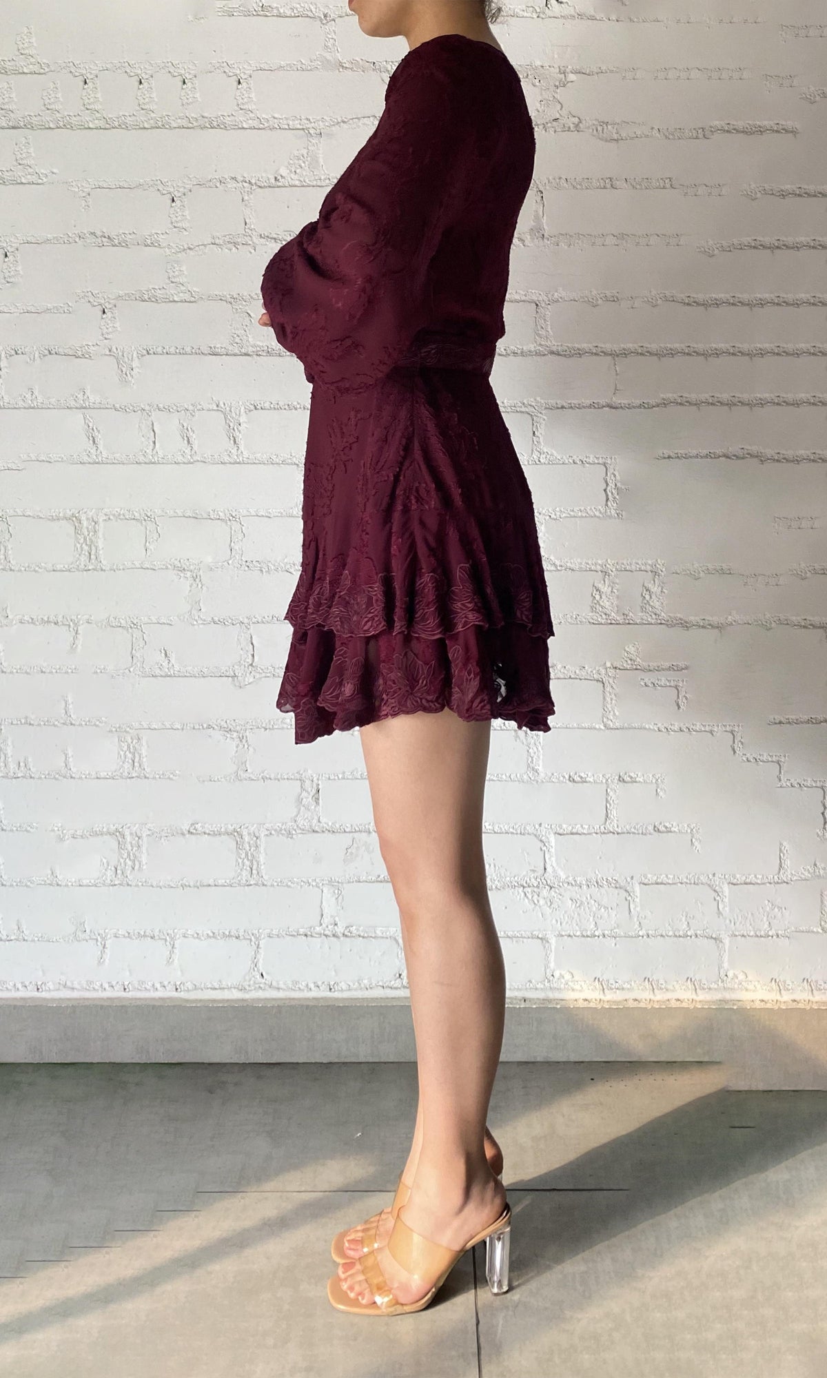 Hemant And Nandita | Tiya Viscose Ggt Jacquard Short Dress With Belt | Burgundy