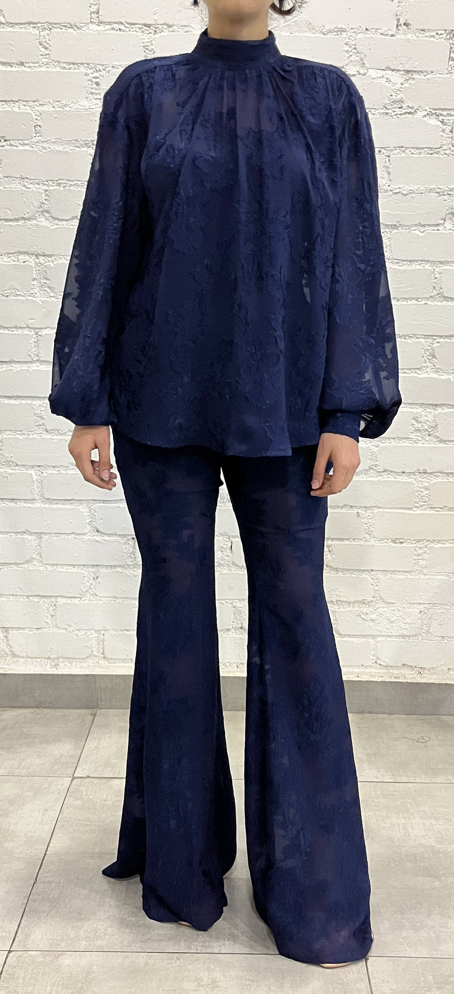 Viscose Georgette Jacquard Pants | Navy