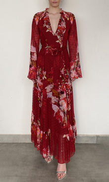 Hemant And Nandita | Tuhi Viscose Georgette Dobby Long Dress With Braided Belt | Burgundy Multi