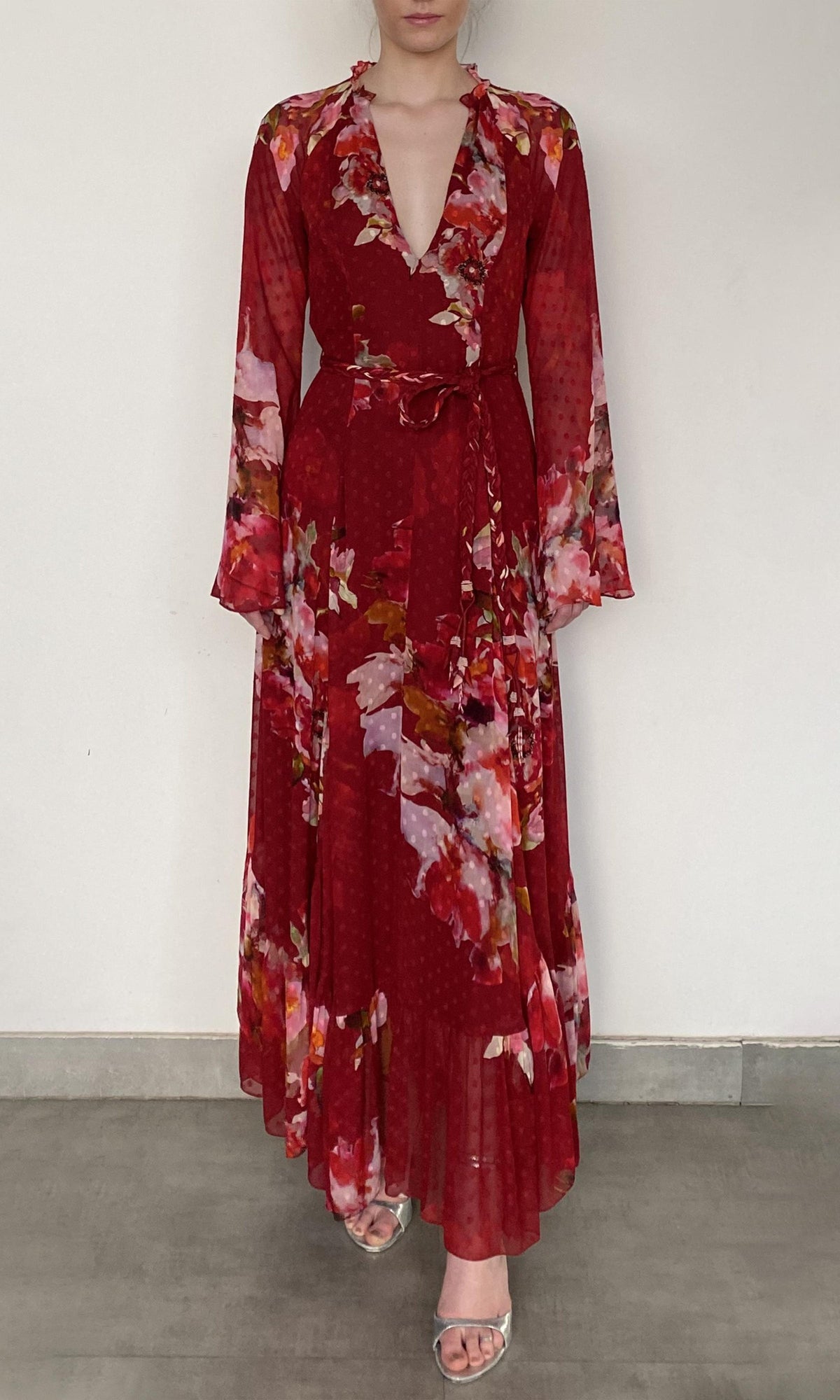 Hemant And Nandita | Tuhi Viscose Georgette Dobby Long Dress With Braided Belt | Burgundy Multi