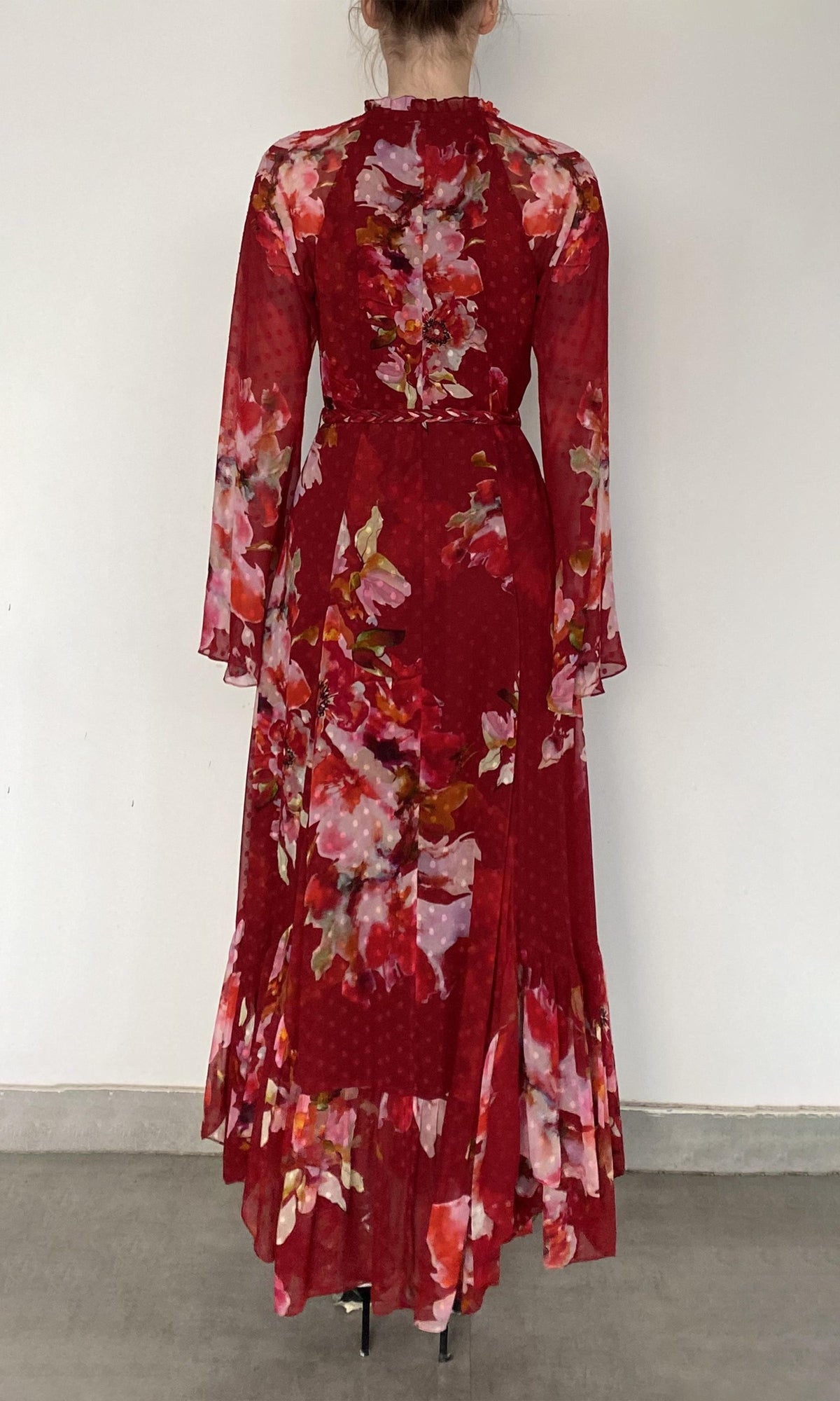 Hemant And Nandita | Tuhi Viscose Georgette Dobby Long Dress With Braided Belt | Burgundy Multi