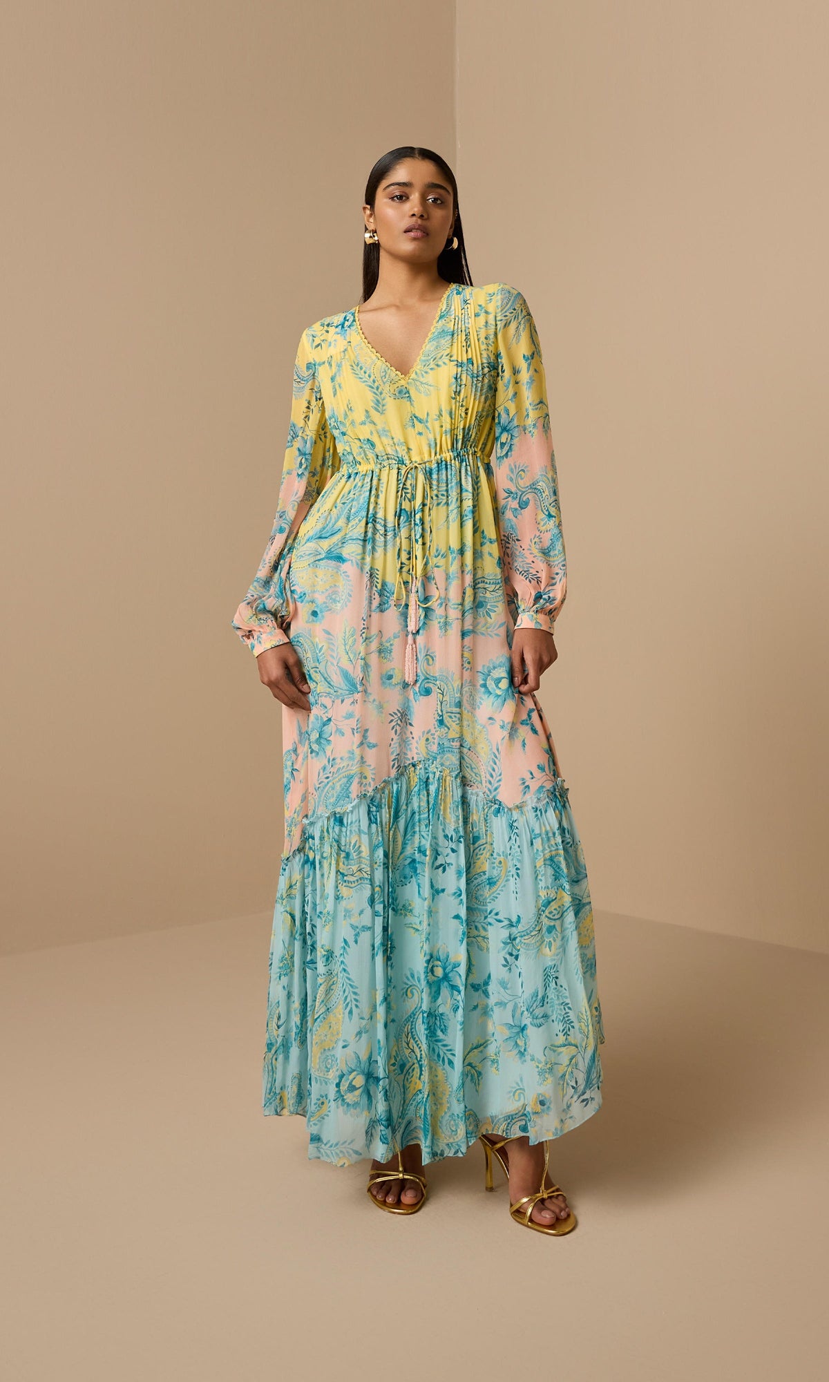 Hemant And Nandita | Wani Viscose Chiffon Crinkle Long Dress With Tie Up Tassels | Blue Yellow Multi