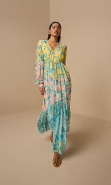 Hemant And Nandita | Wani Viscose Chiffon Crinkle Long Dress With Tie Up Tassels | Blue Yellow Multi