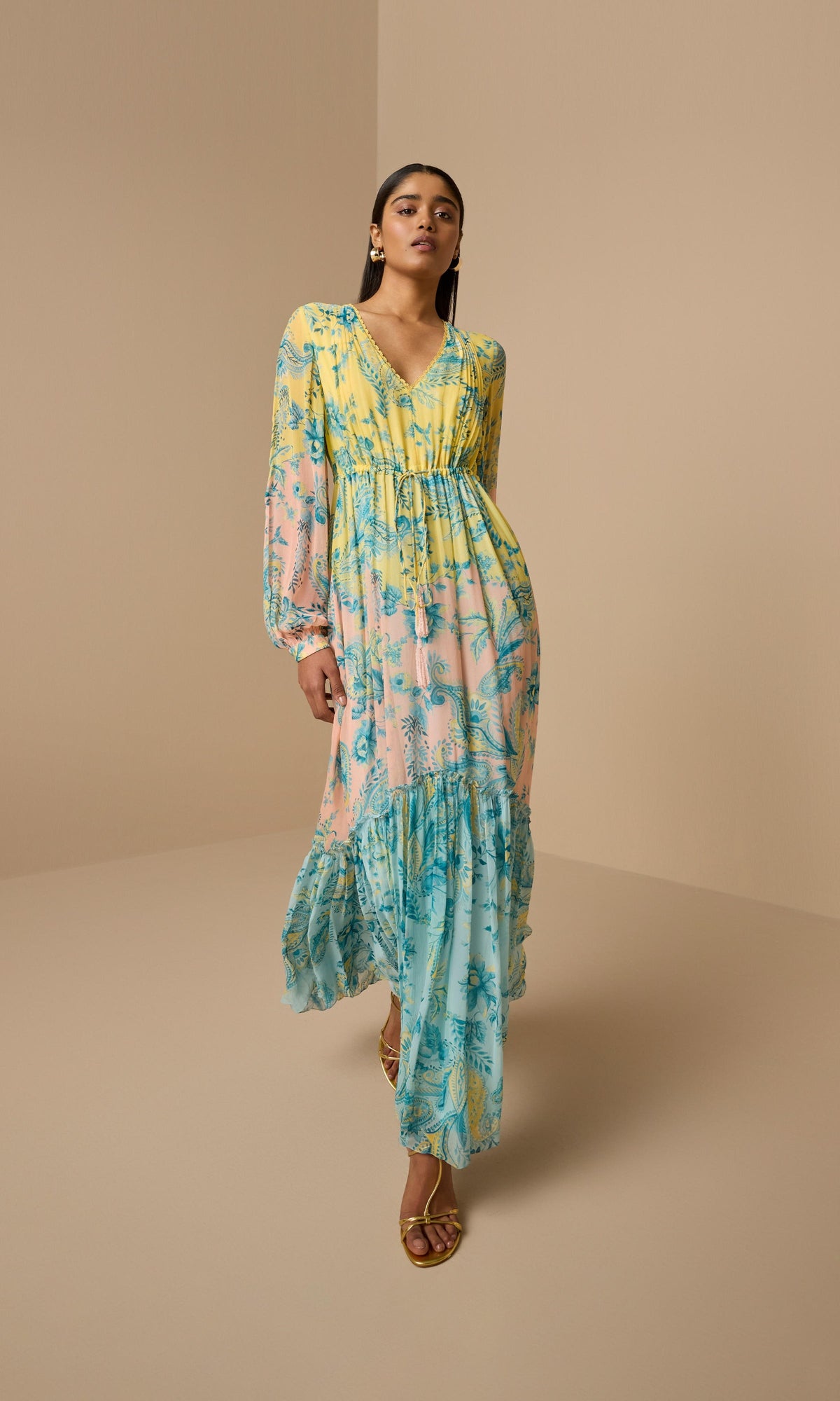 Hemant And Nandita | Wani Viscose Chiffon Crinkle Long Dress With Tie Up Tassels | Blue Yellow Multi