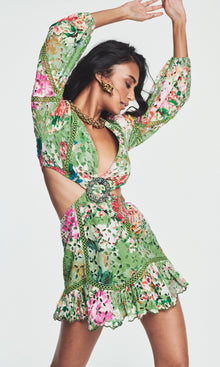 Hemant And Nandita | Zaria Cotton Deep V-Neck Short Dress | Military Green