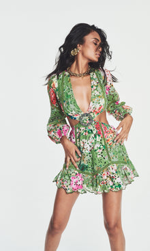 Hemant And Nandita | Zaria Cotton Deep V-Neck Short Dress | Military Green