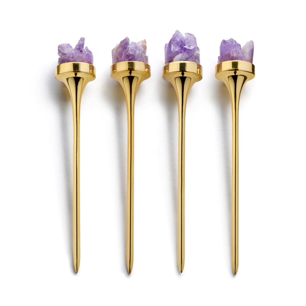 Hospitality Cocktail Picks | Gold-Plated Stainless Steel | Amethyst Druze | Set of 4