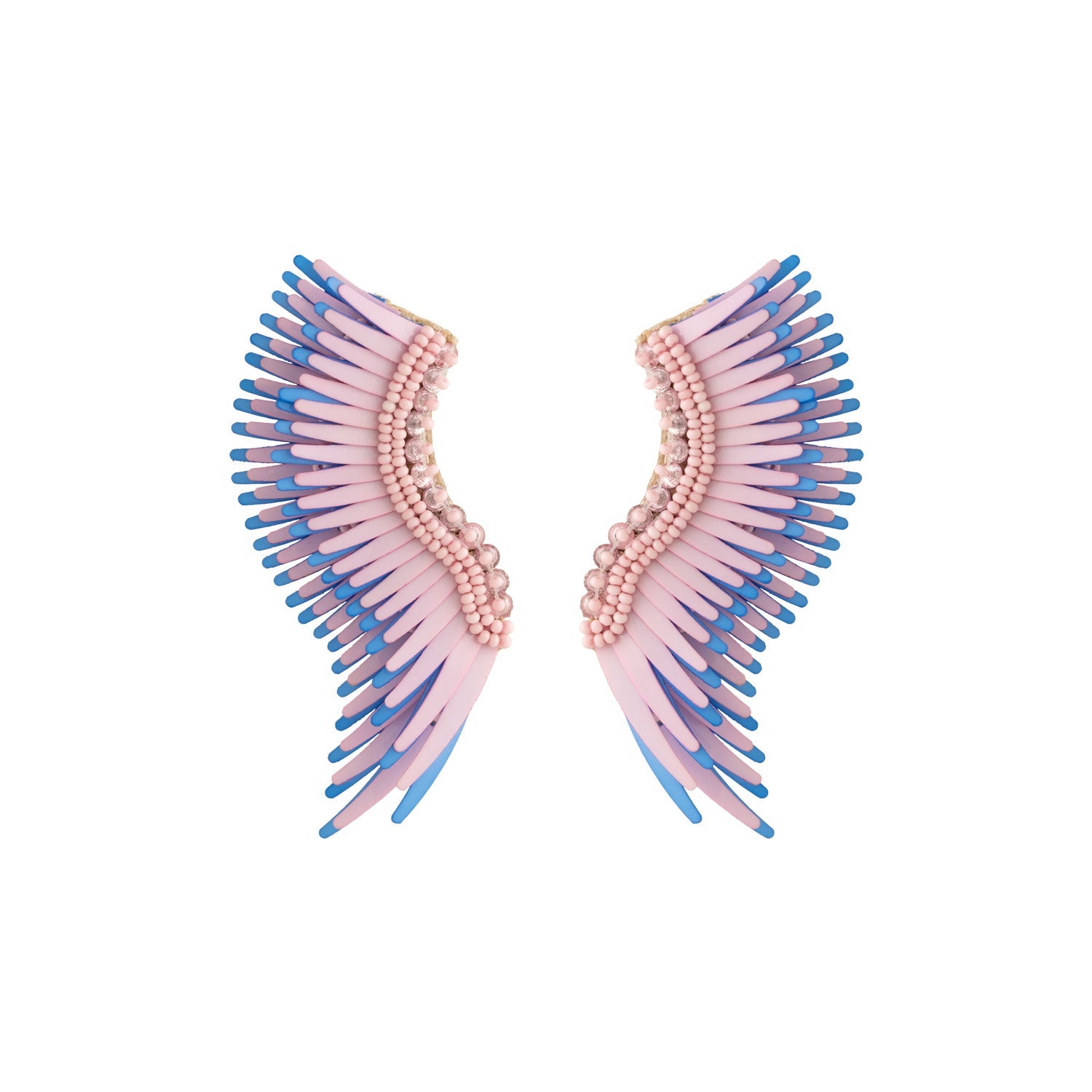 Purple and Blue Sequin and Bead Wing Stud Earrings on Flat White Surface