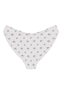 White bikini bottom with small blue and yellow floral print throughout.