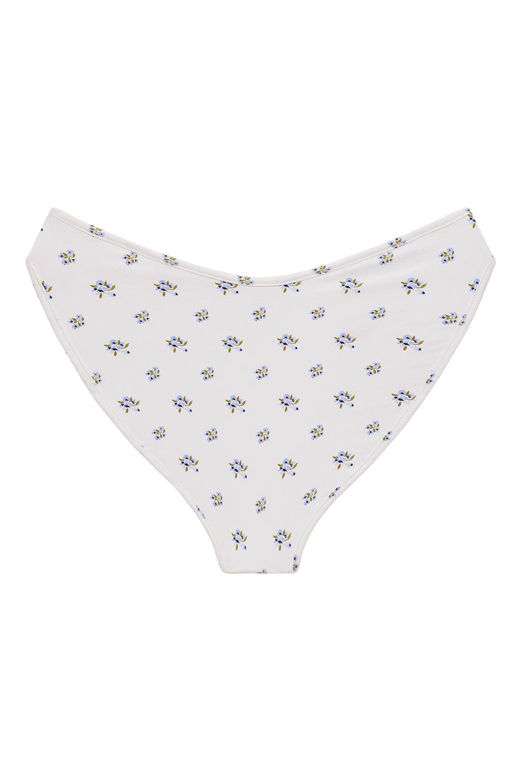 White bikini bottom with small blue and yellow floral print throughout.