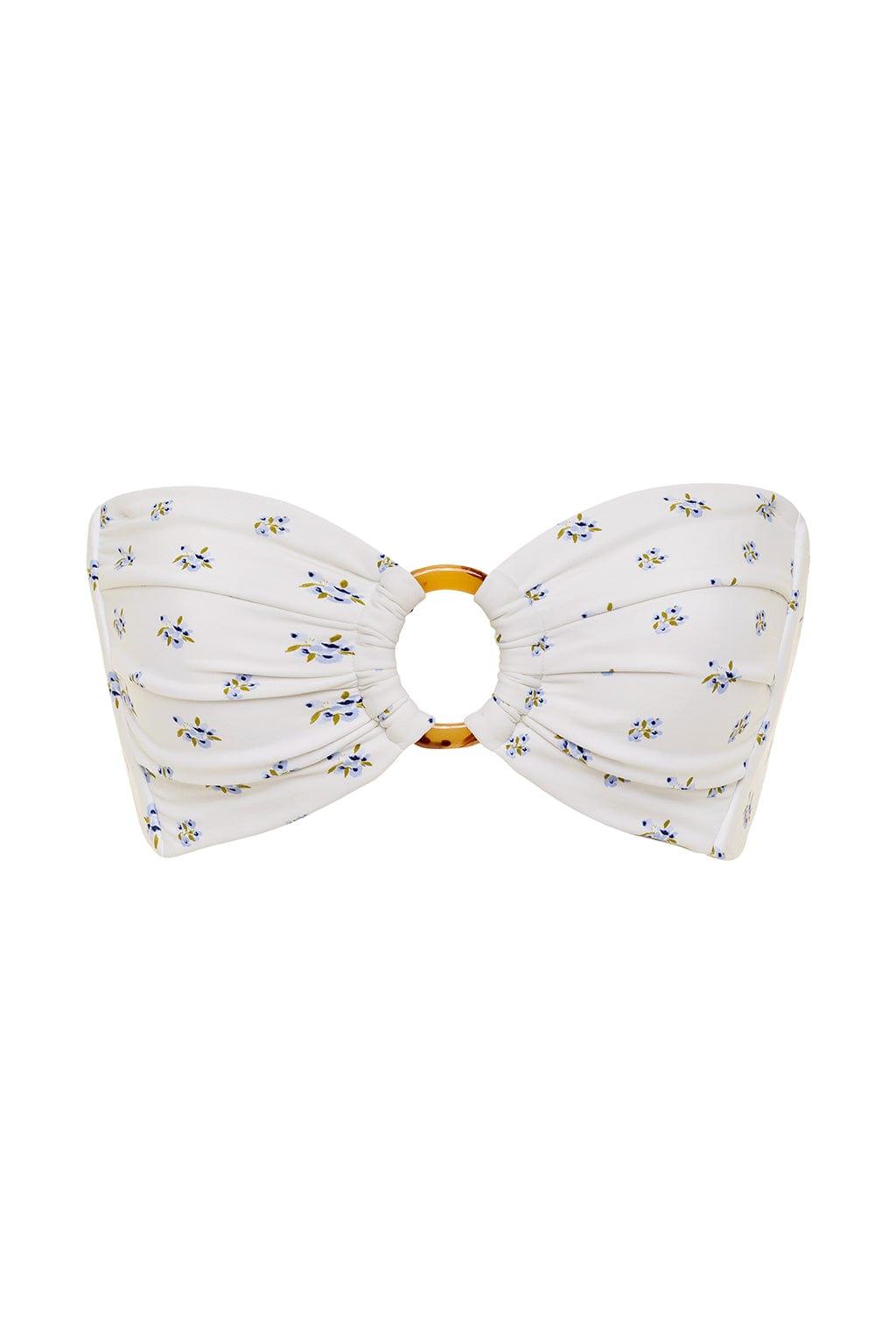 Bandeau bikini top with small blue and yellow floral print on cream fabric and gold-tone center ring detail.