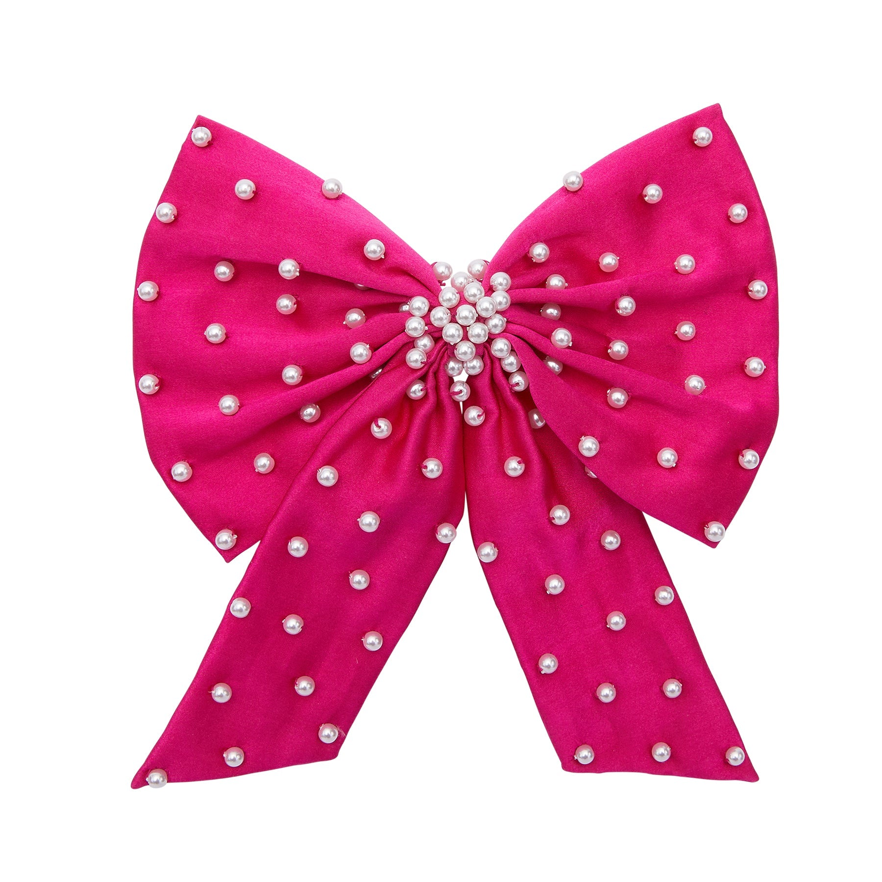 Hot Pink Silk and Pearl Embroidered Hair Bow on Flat White Background