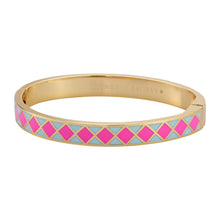 Hot Pink and Blue Enamel and Gold Bangle Bracelet on Flat White Background