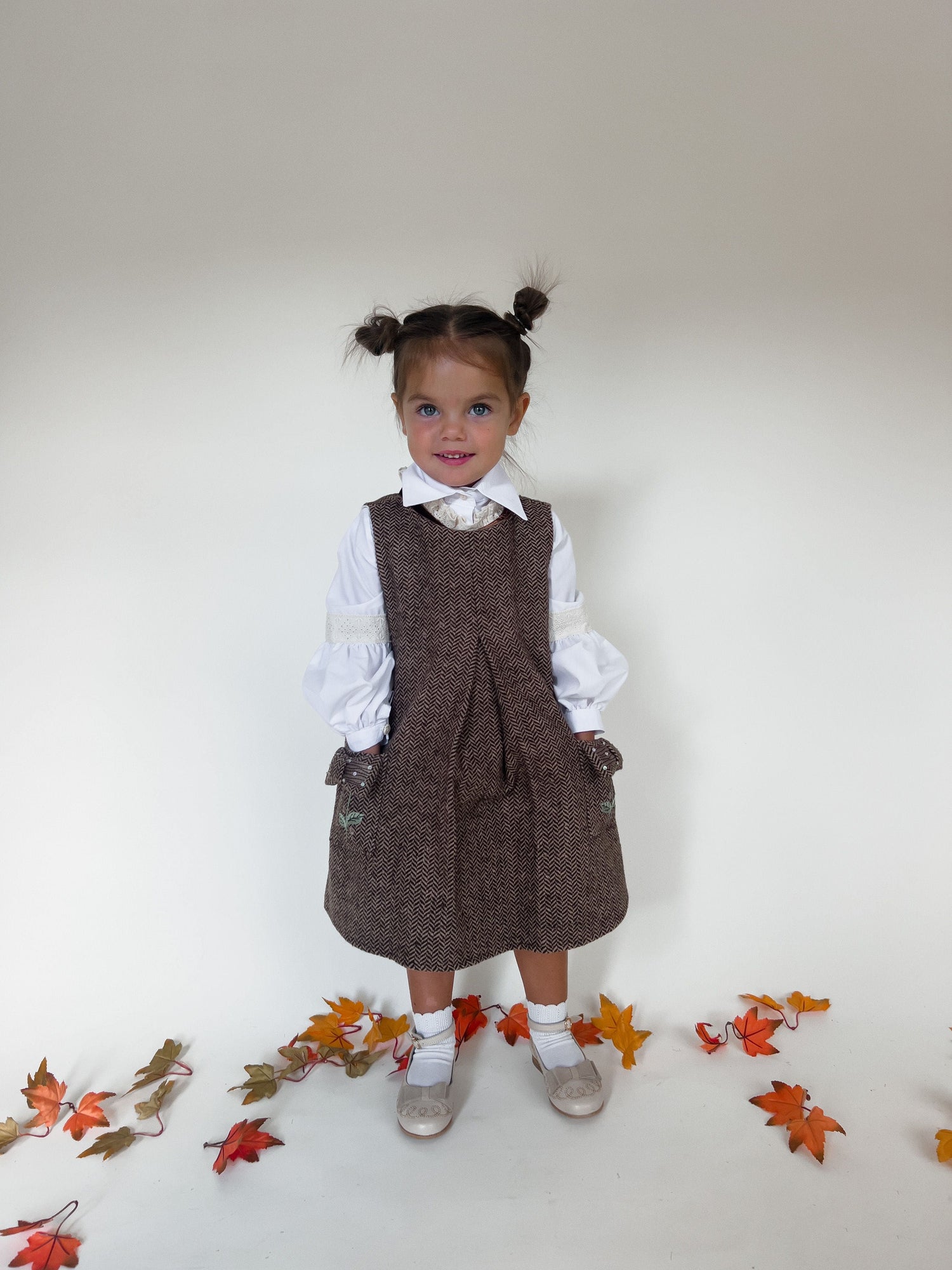 Girl | Herringbone Dress and Blouse Set | Brown x White