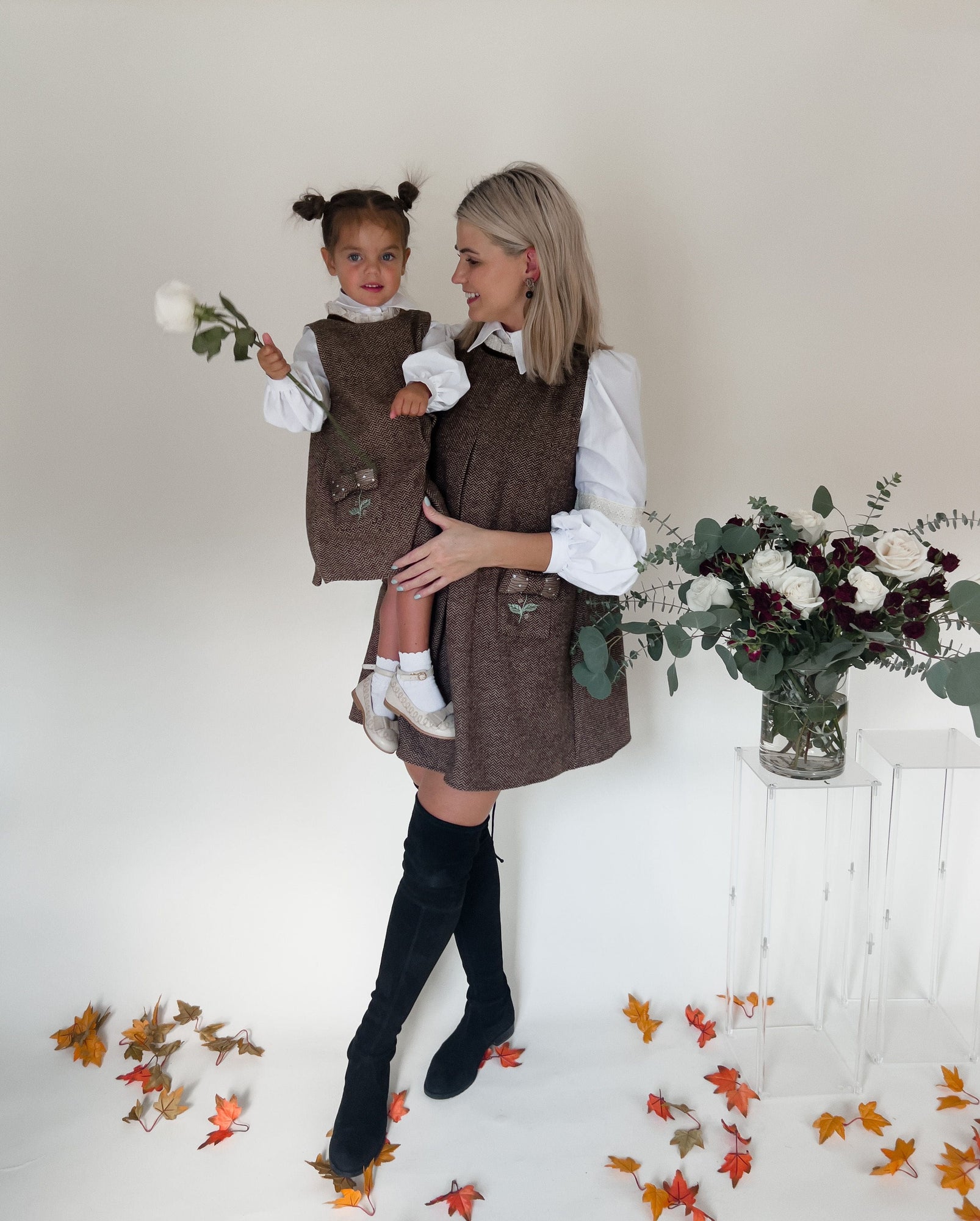 Girl | Herringbone Dress and Blouse Set | Brown x White