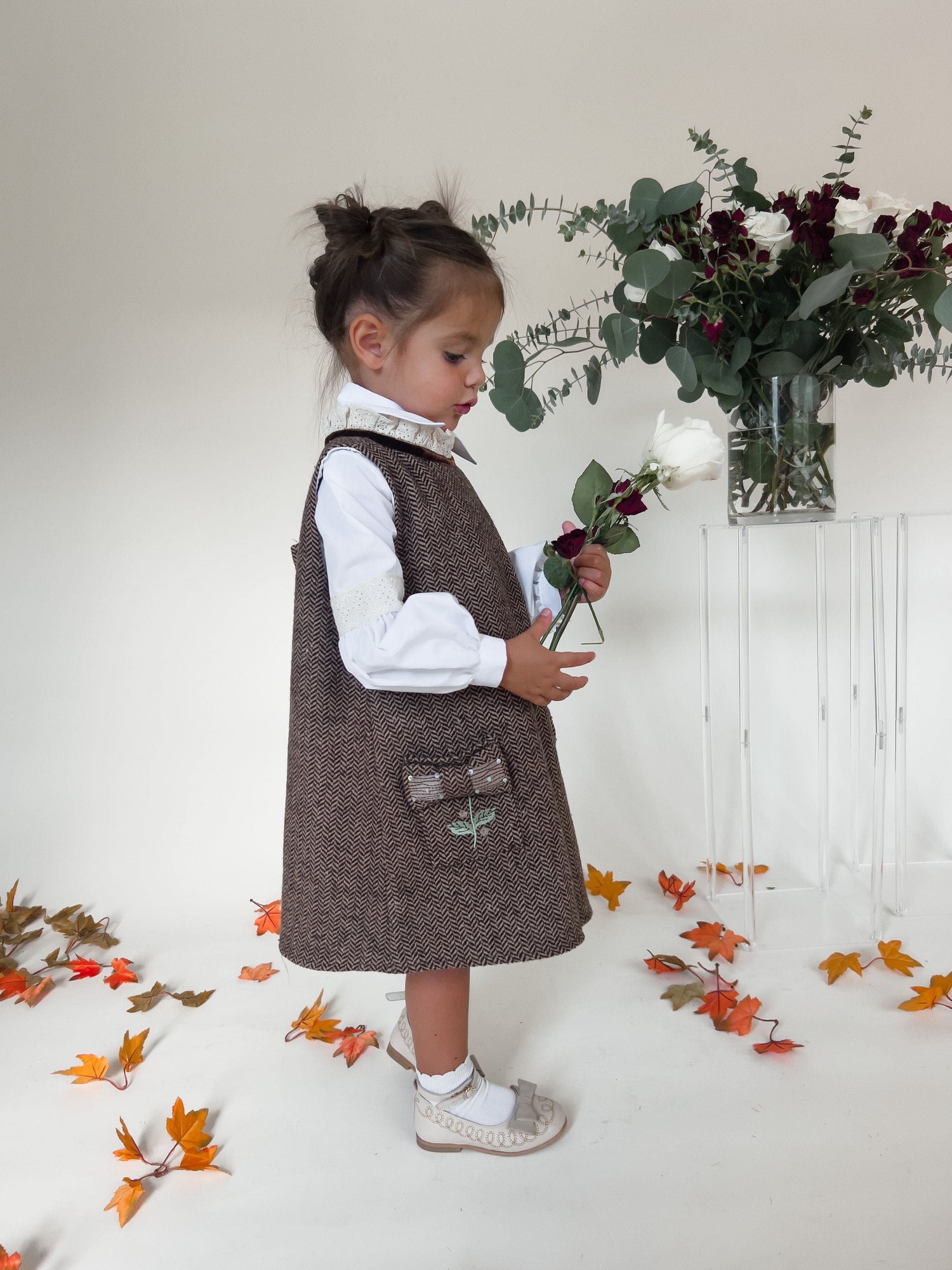 Girl | Herringbone Dress and Blouse Set | Brown x White