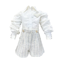 Girl | Iris Blouse and Tweed Shorts Set | White x Ivory x Blue
