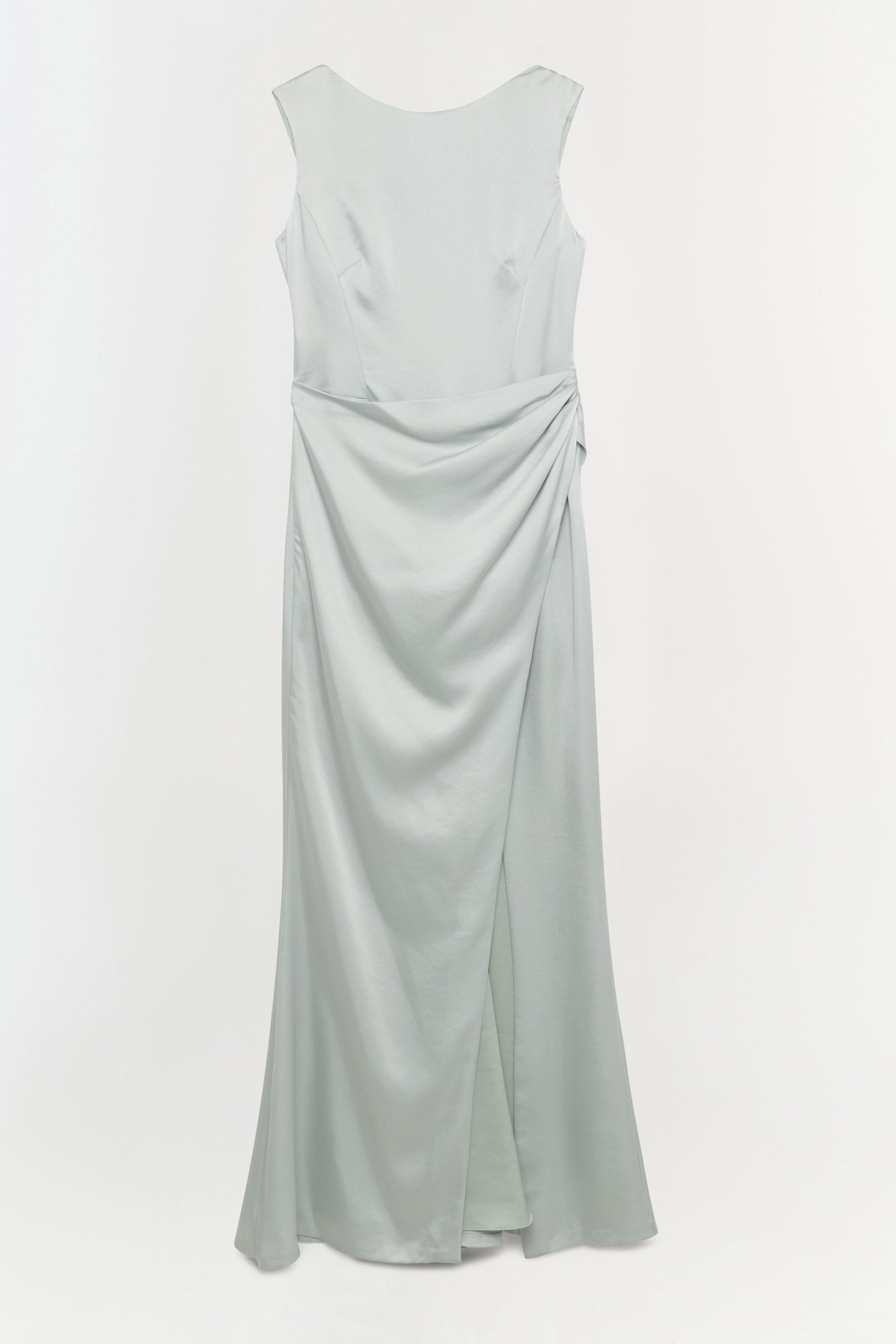 Pale green sleeveless gown with ruched side detail and high slit, displayed on neutral background.