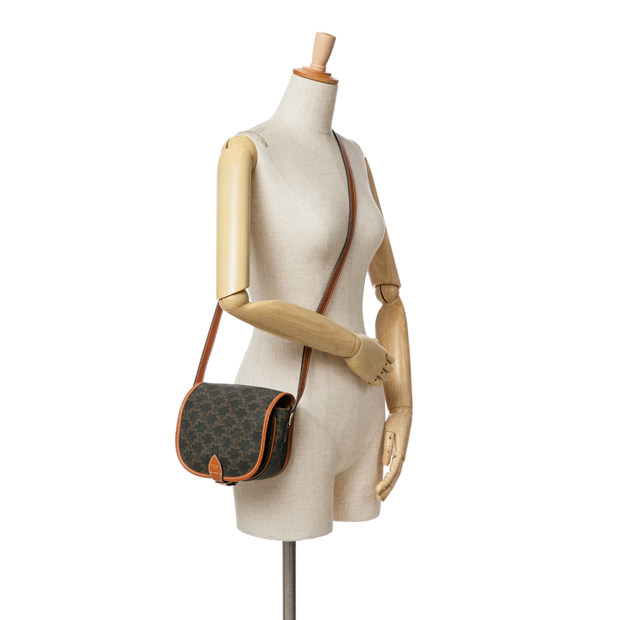 Celine | Pre-Owned Medium Triomphe Coated Canvas Folco Crossbody - III | Brown/Dark Brown