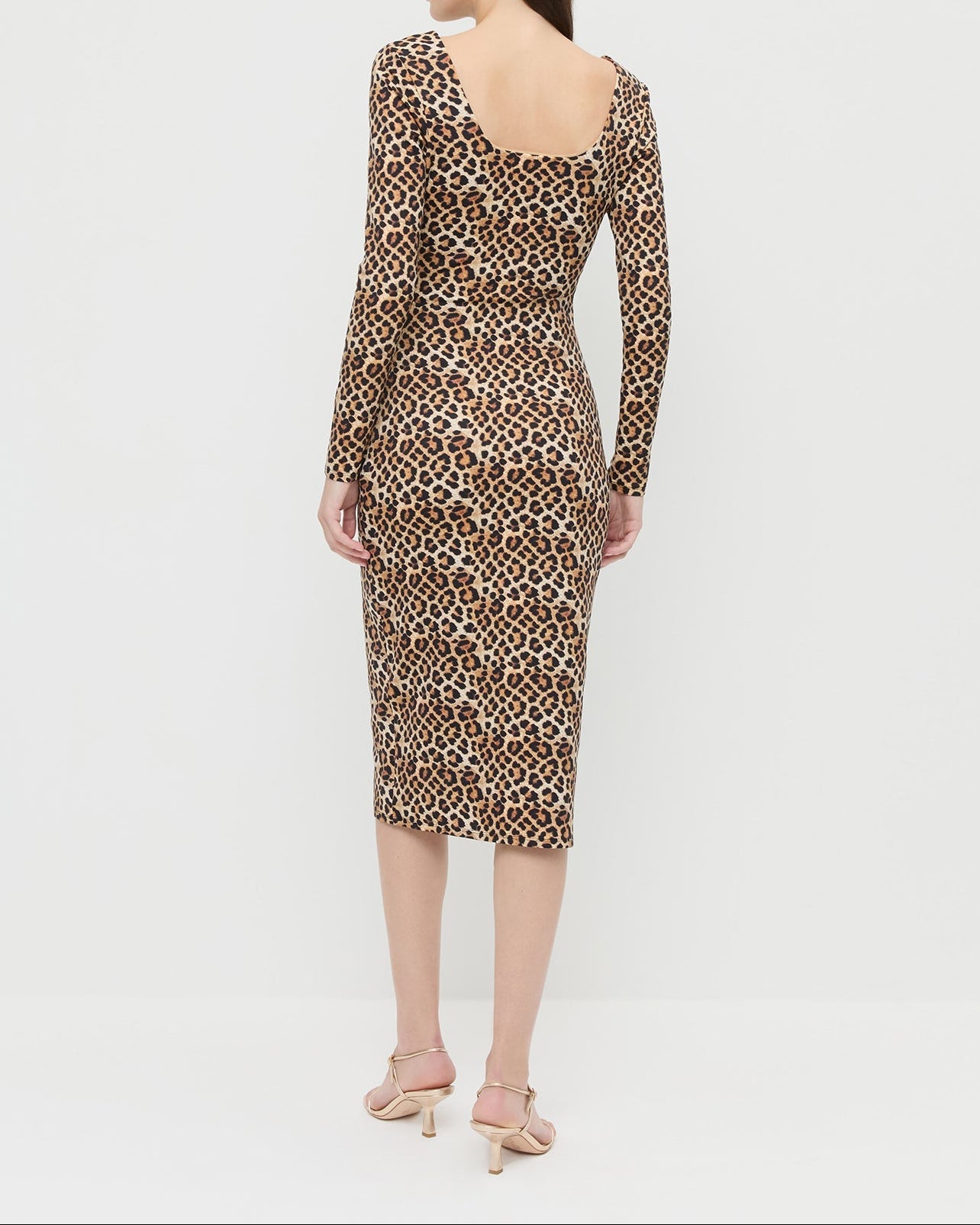 Inaya Dress in leopard print jersey fabric and Triana Champagne Leather Mid-Heel Sandal.