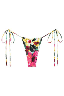Floral bikini bottom with yellow, pink, and dark green flowers, featuring tie-up side straps with multicolored ribbon details