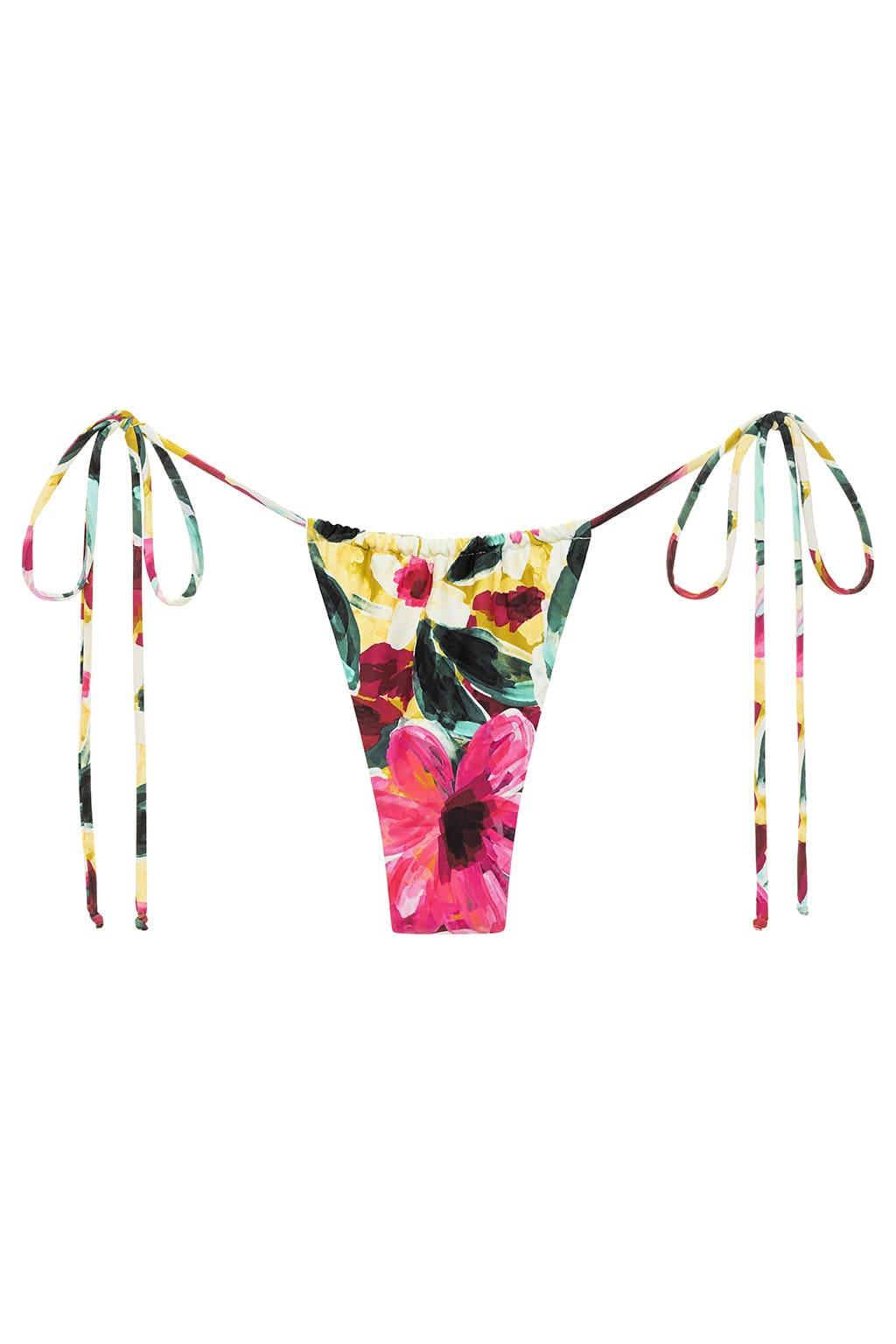 Floral bikini bottom with yellow, pink, and dark green flowers, featuring tie-up side straps with multicolored ribbon details