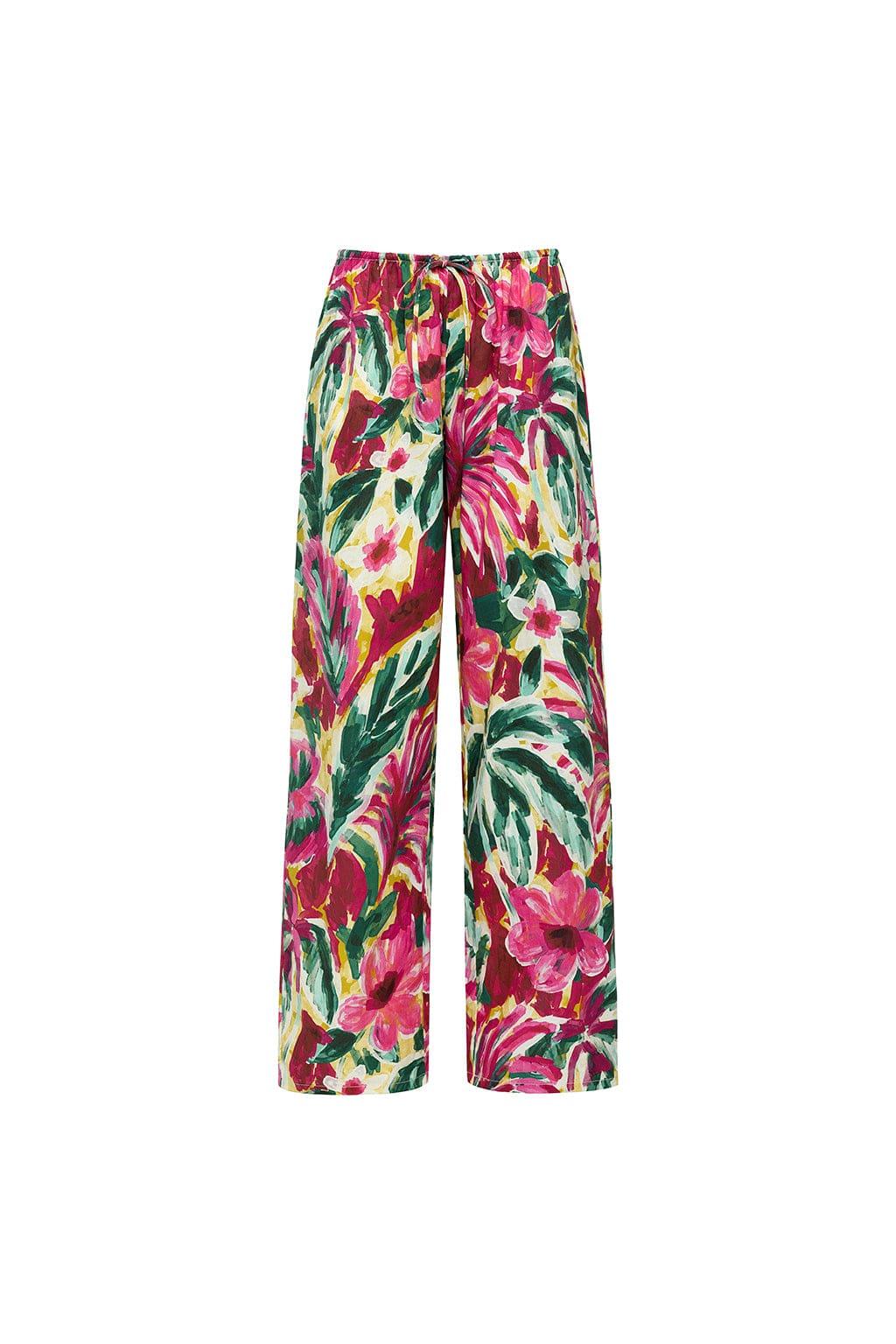 Wide-leg pants with pink, red, and yellow floral print and green leaves on cream background with drawstring waist.