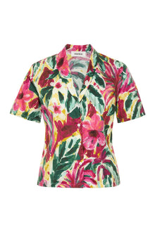 Short-sleeve button-up top with multicolored floral print in pink, yellow, green, and cream.