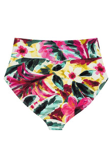 High-rise bikini bottom with multicolored floral print in pink, yellow, teal, and black on cream background.