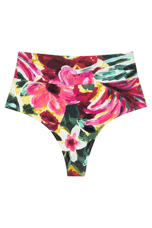 High-rise bikini bottom with multicolored floral print in pink, yellow, green, and black tones.