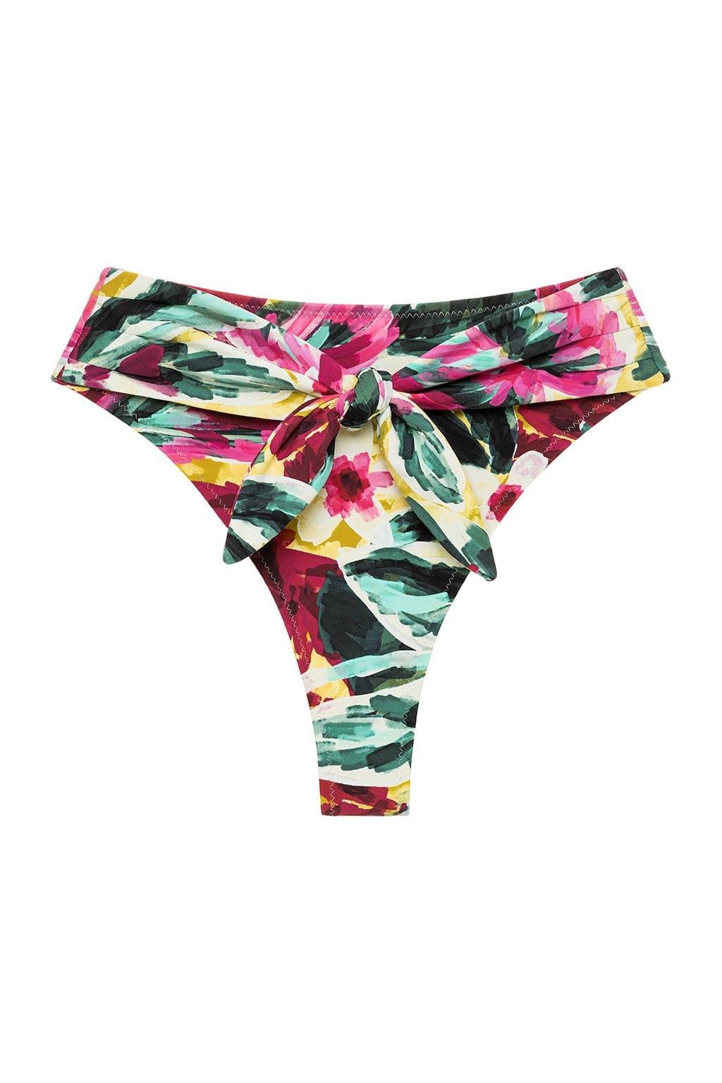 Floral bikini bottom in pink, yellow, green, and black with tie-up closure at center front.