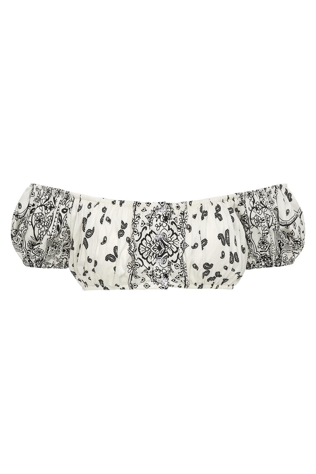 Ivory bandeau bikini top with black bandana and paisley print, puffed off-shoulder sleeves.