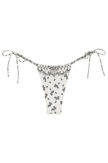 White bikini bottom with black bandana print and scrunched tie side straps.