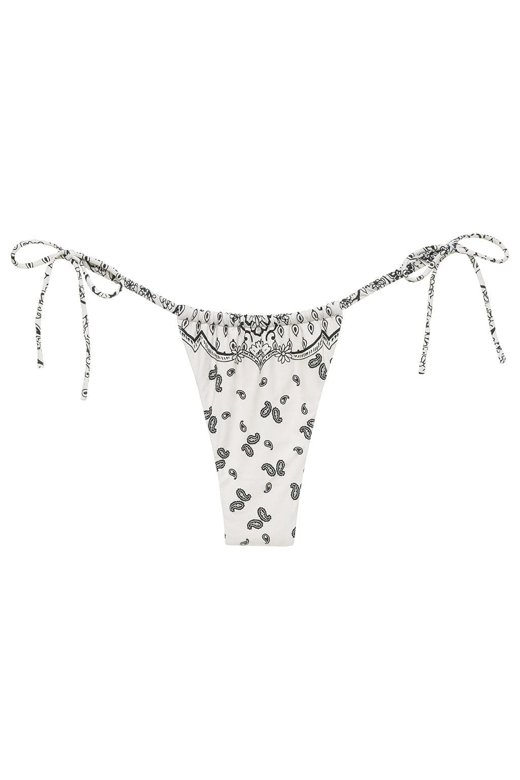 White bikini bottom with black bandana print and scrunched tie side straps.