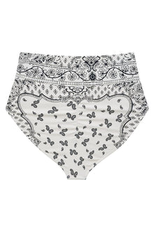 Black and white bandana-patterned high-rise bikini bottom with paisley and floral designs on cream background.