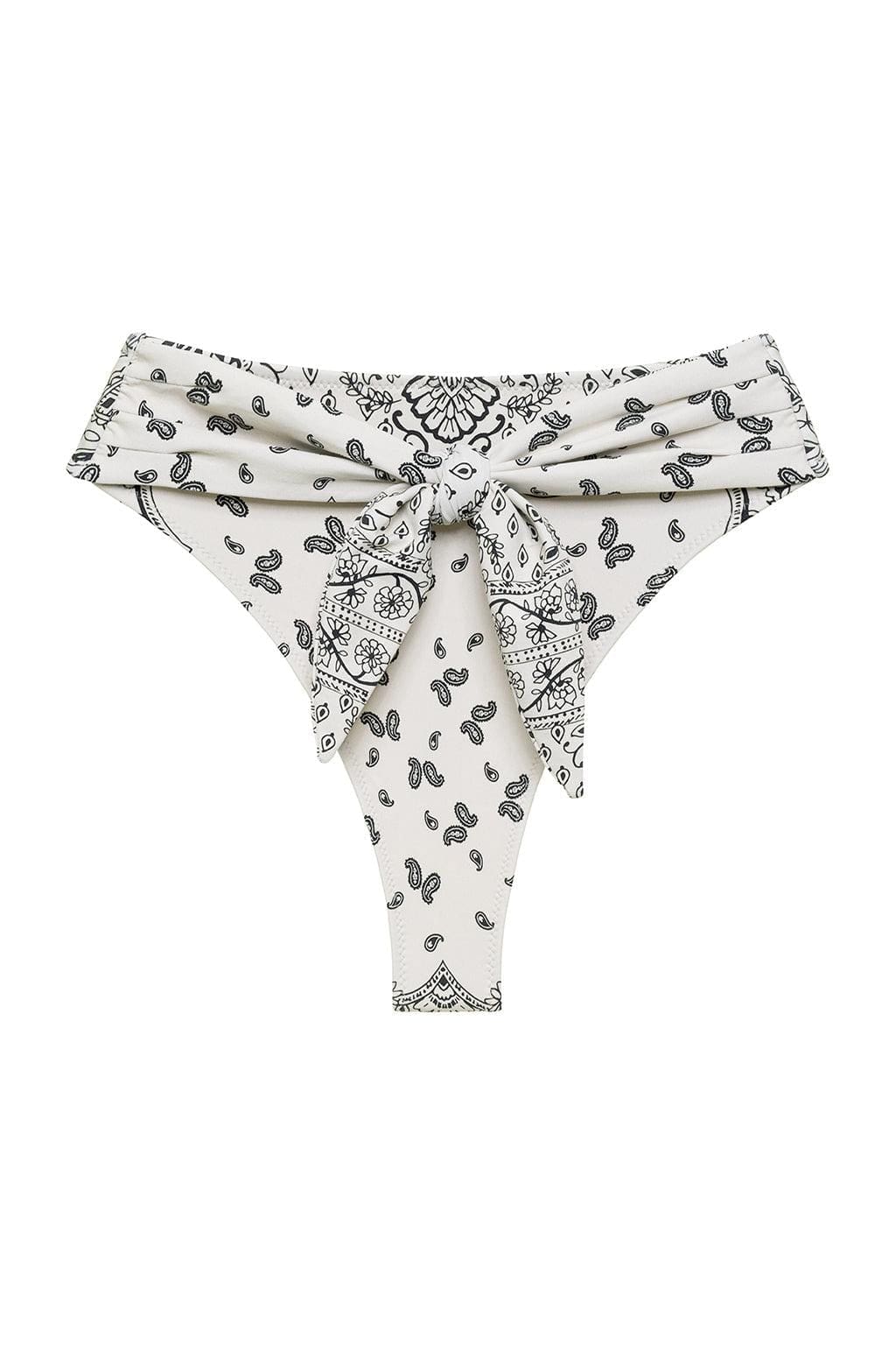 Cream bikini bottom with black bandana print and tie-up front closure.