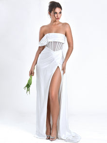 Rebeca Satin High Slit Corset Gown | White