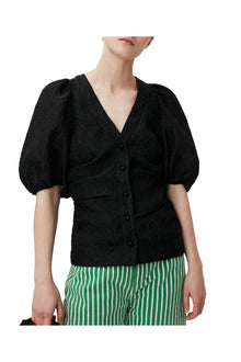 Jacquard V neck Blouse | Black